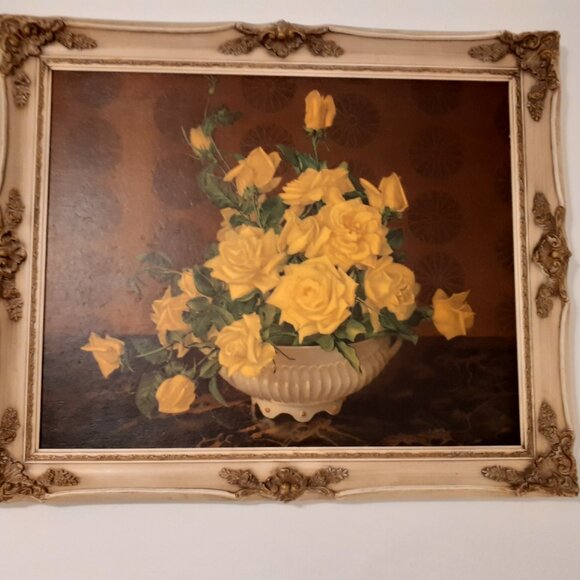 1959 YELLOW ROSE BOUQUET FRAMED PAINTED ART, GORGEOUS - Picture 3 of 16